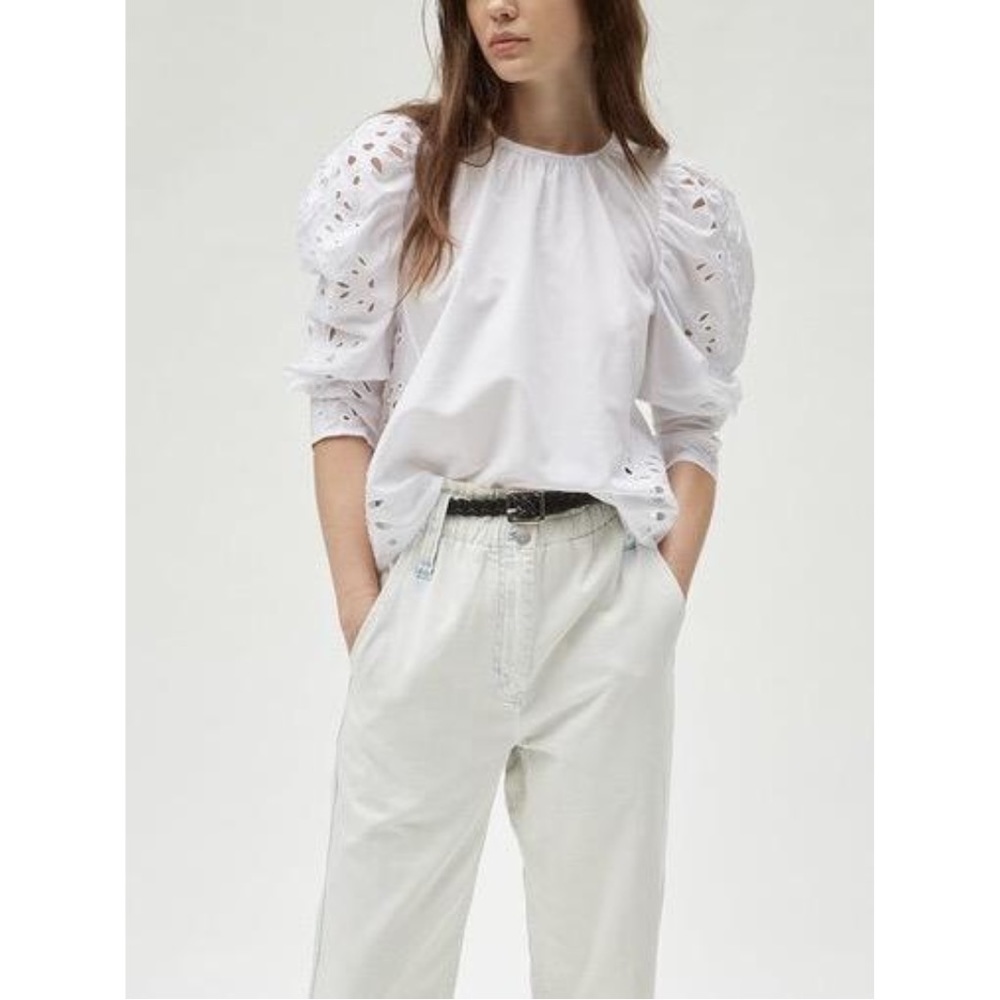 NWT Thakoon Long Puff Sleeve Eyelet Embroidered Silk Cotton Blouse Top Yellow 10 - Picture 4 of 10